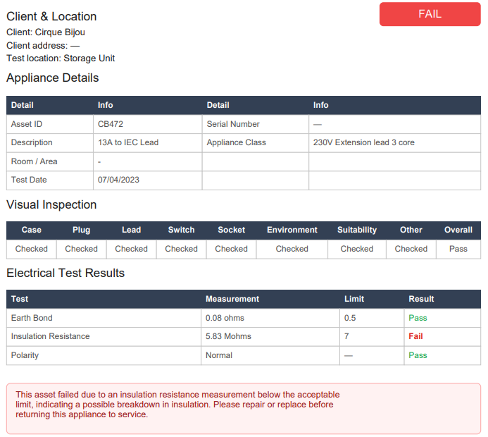 A generated PAT certificate showing company and client branding, test results and a QR code.